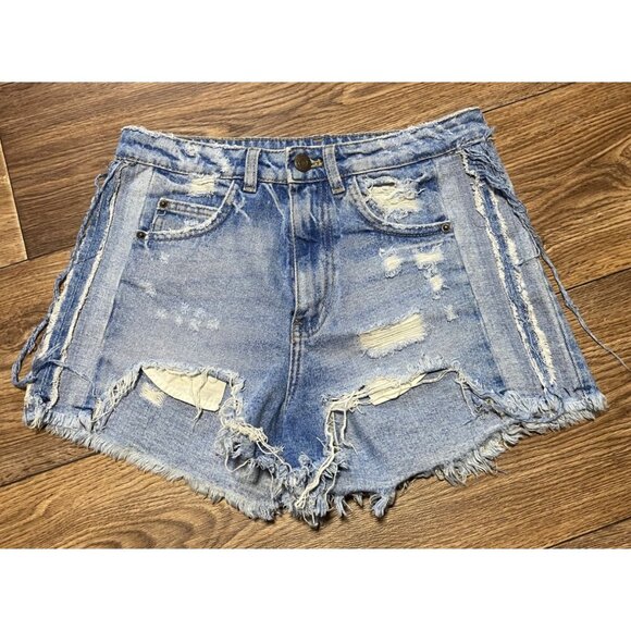 Zara Trafuluc Distressed Blue Denim Shorts Womens Size 24 Hot Pants Booty Shorts - Picture 1 of 5